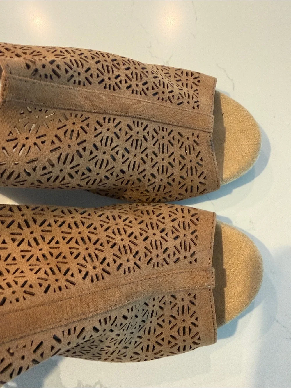 Women's Size 9 Tan Perforated Wedge Slingback Sandals